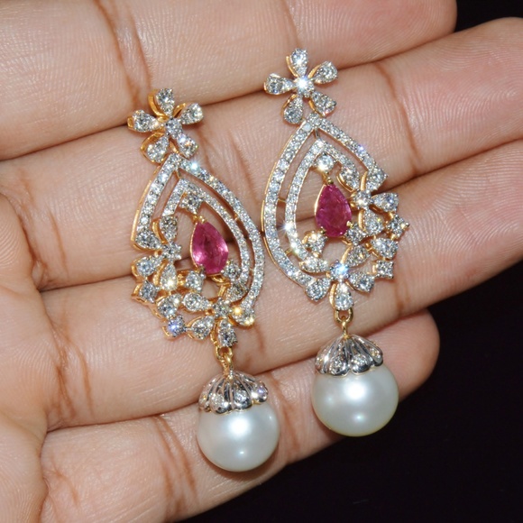 CERTIFIED NATURAL 24.16CTS VS F DIAMOND RUBY SOUTH SEA PEARL 18K GOLD EARRINGS - Picture 8 of 14